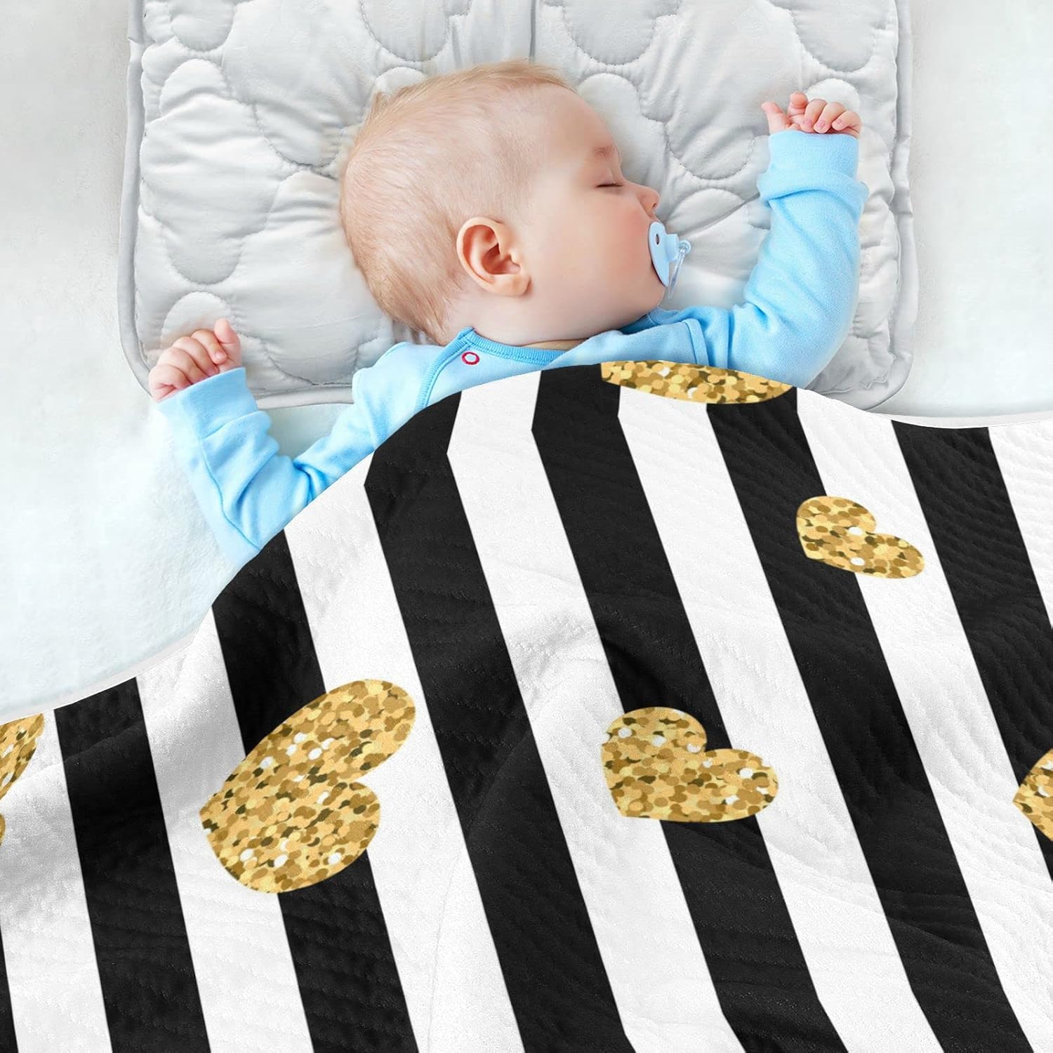 Pigsaly Black White Stripes Toddler Blanket 30x40in Gold Heart Glitter