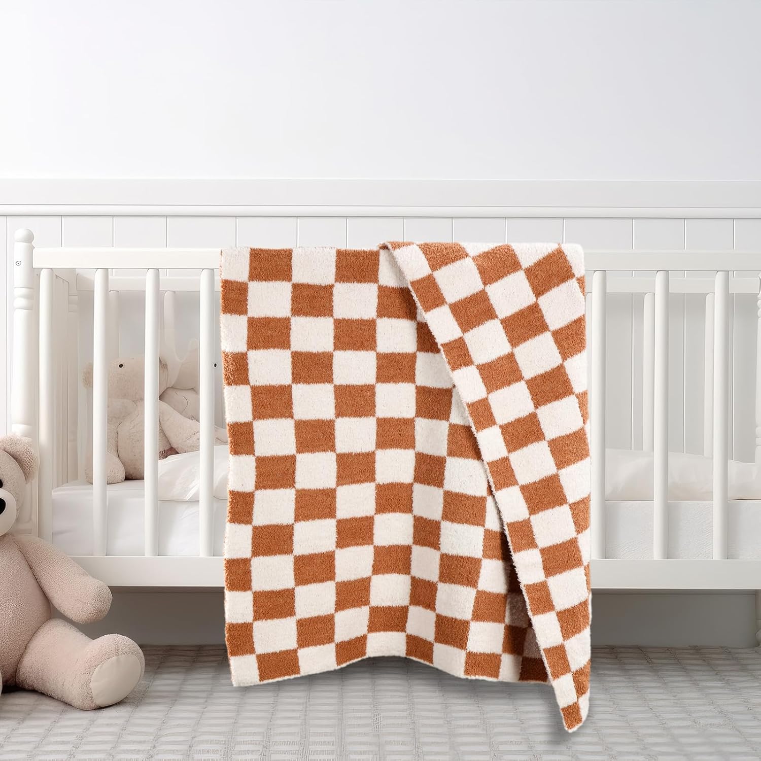 Brown Checkered Fuzzy Throw Blanket Cozy 30x40 Inch