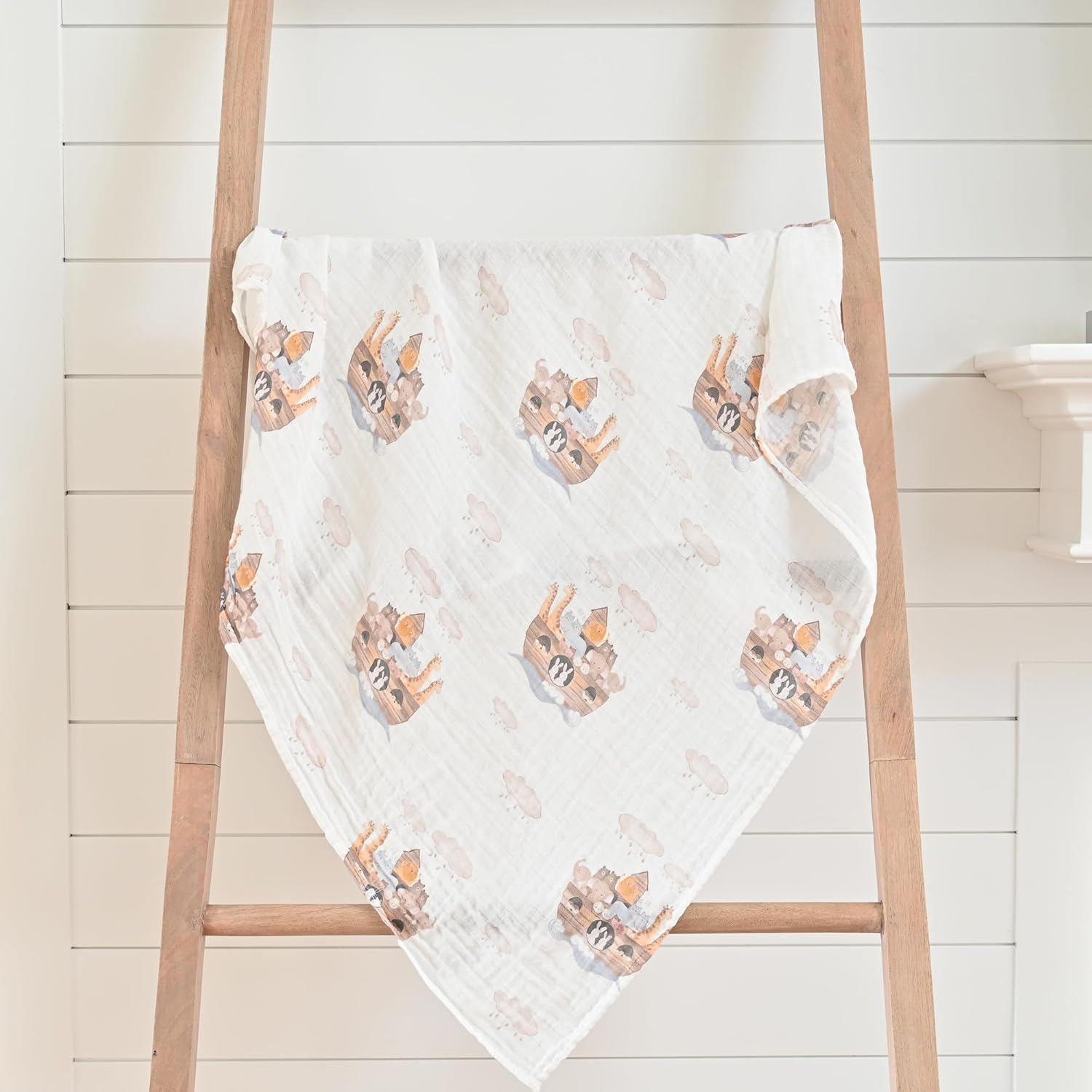 LollyBanks Muslin Swaddle Blanket with Noahs Ark Print