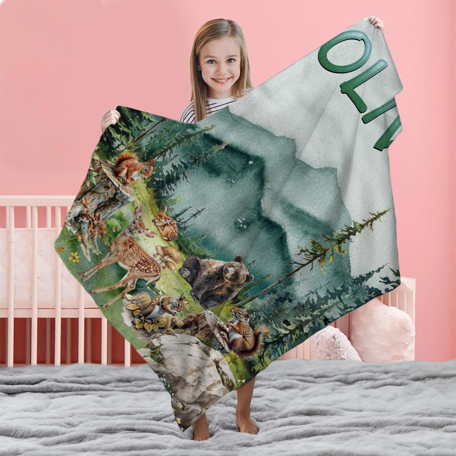 Zocoshi Personalized Mountain Forest Baby Blanket with Custom Name
