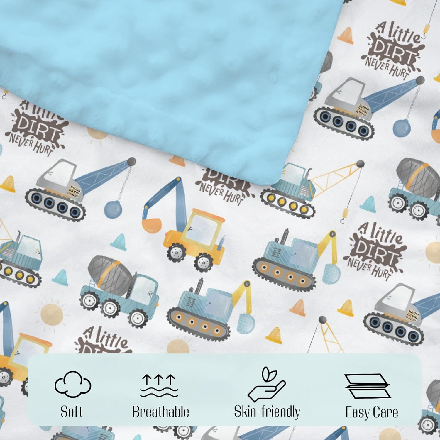 Mink Baby Blanket Blue Yellow Construction Vehicle