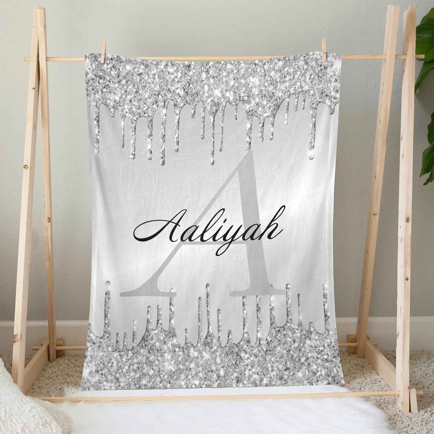 Personalized Baby Blanket with Monogram Silver Drip Glitter 1