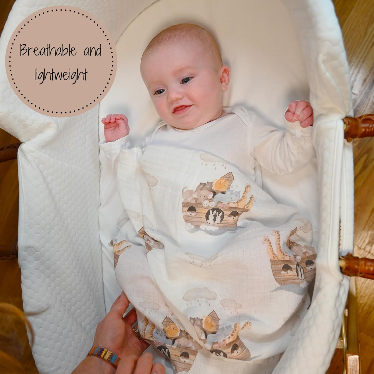 LollyBanks Muslin Swaddle Blanket with Noahs Ark Print