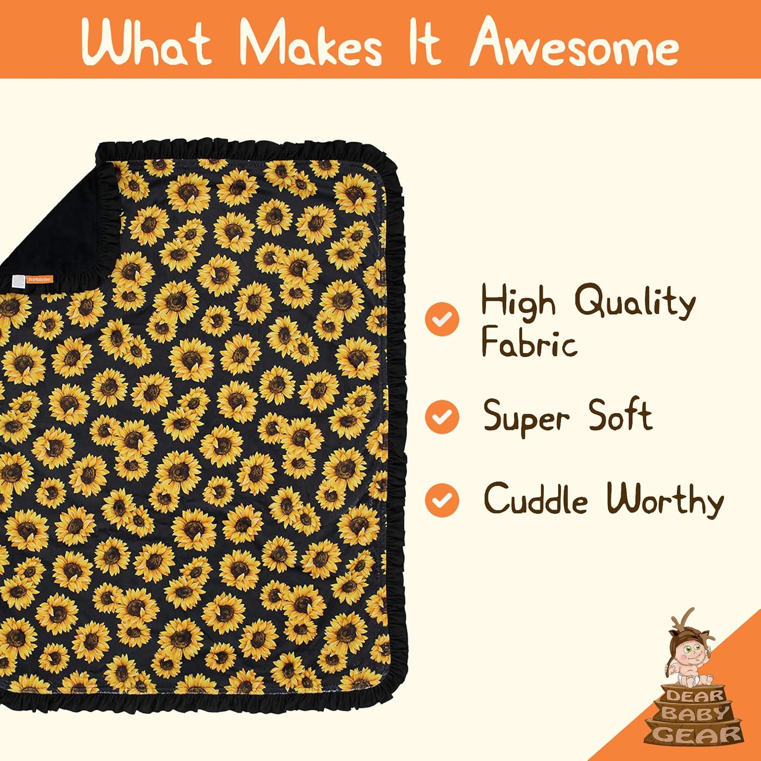 Dear Baby Gear - Reversible Baby Blanket with Yellow Sunflowers Black Ruffle
