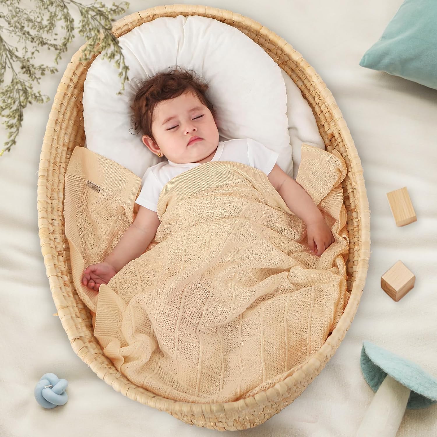 Pinuotu Knitted Cotton Baby Blanket 31x40 Inch Neutral Swaddle for Newborns