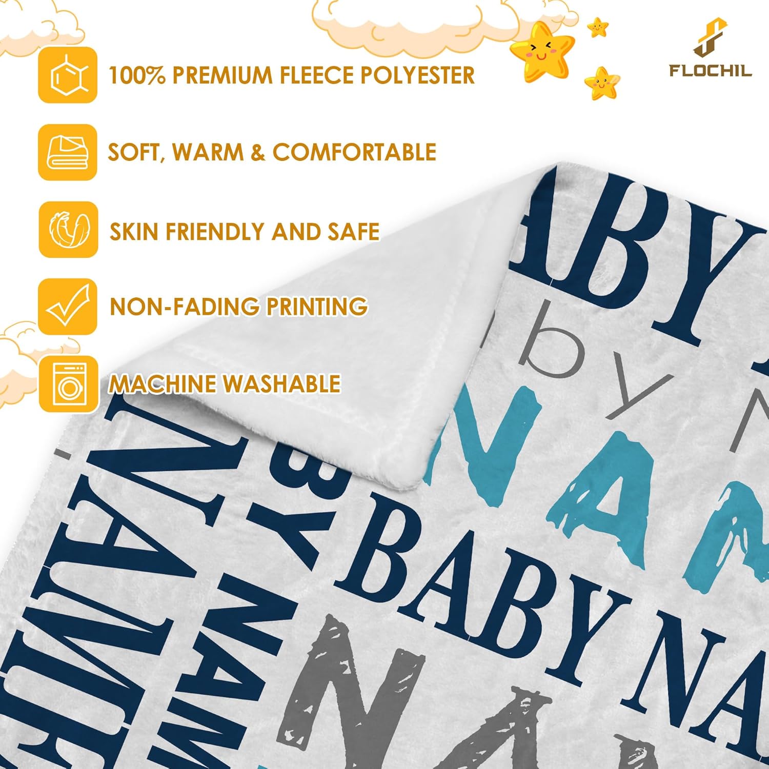 FLOCHIL Personalized Baby Blanket for Boys - Custom Name Monogram