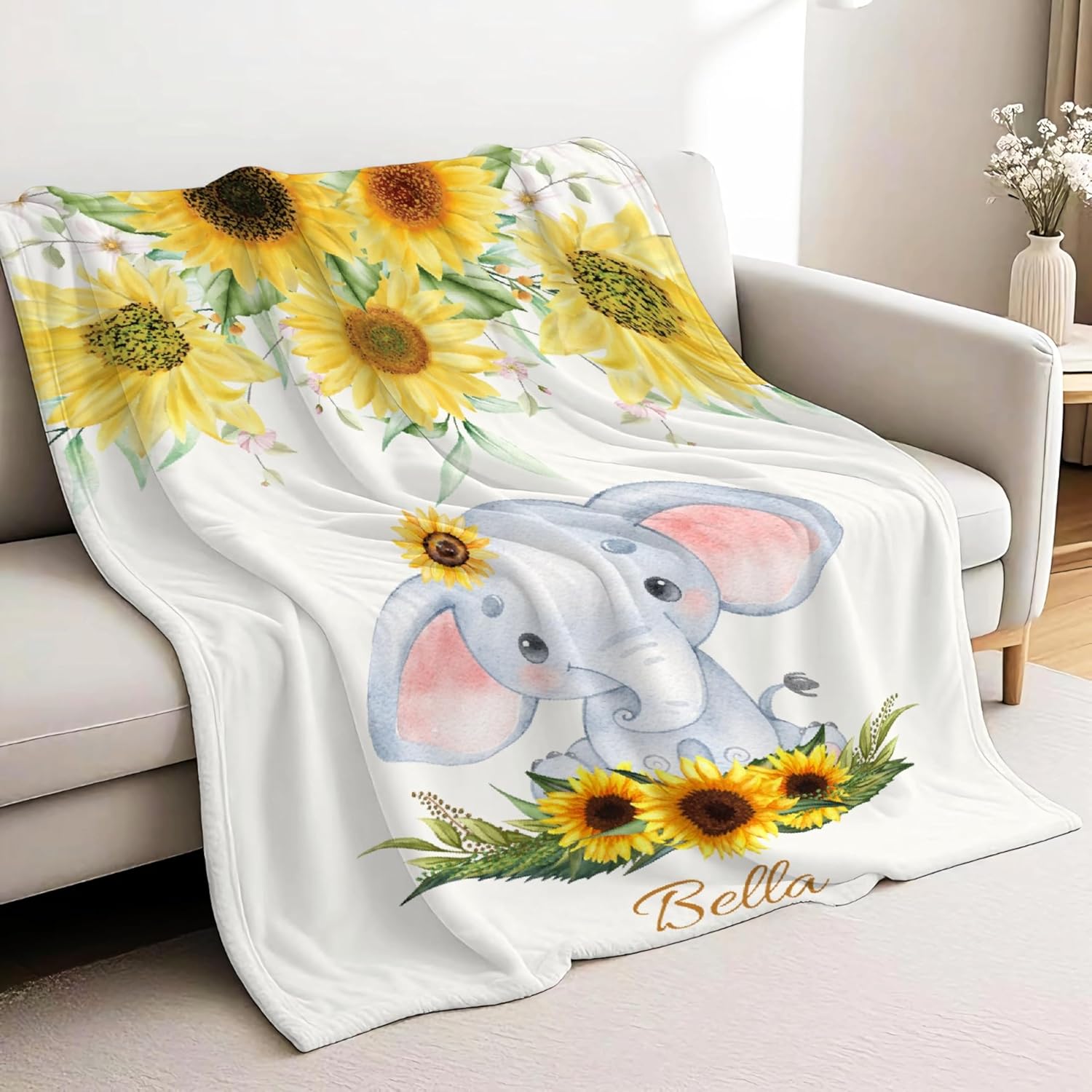 Custom Sunflower Elephant Blanket for Kids Flannel Personalized Baby Throw with Name