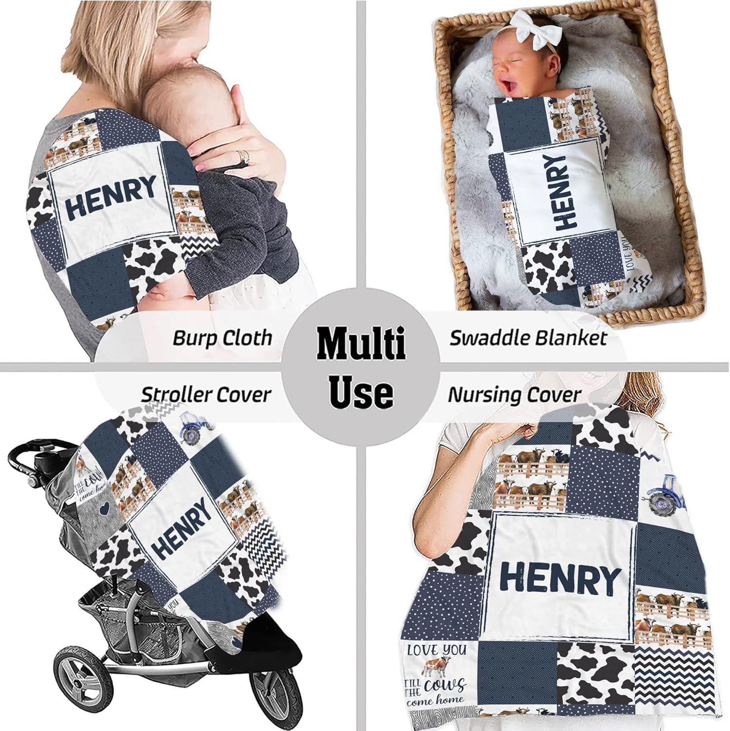 Personalized Cow Print Baby Blanket with Name