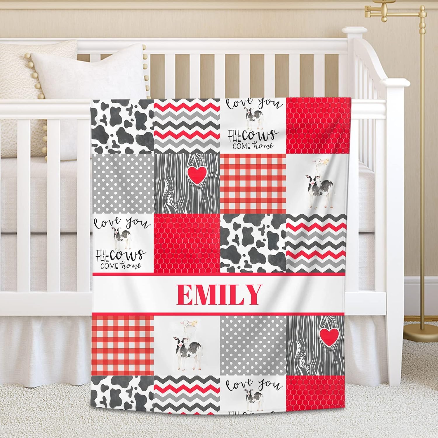 Noverbibi Farm Cow Red Minky Baby Blanket with Name