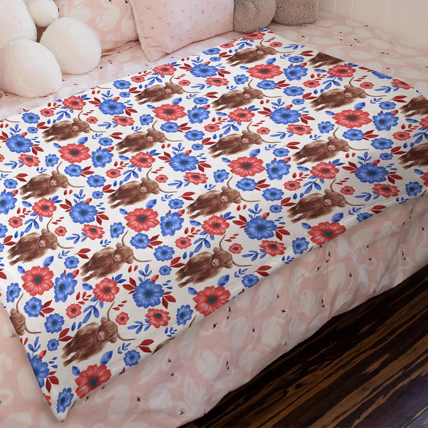 Boho Floral Baby Blanket with Yak Red and Blue Flowers