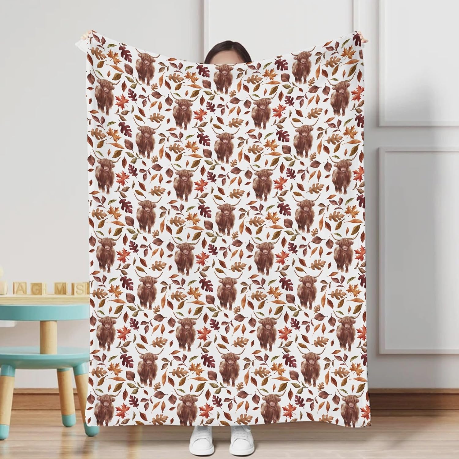 Hwmmbh Retro Highland Cows Fall Leaves Baby Blanket