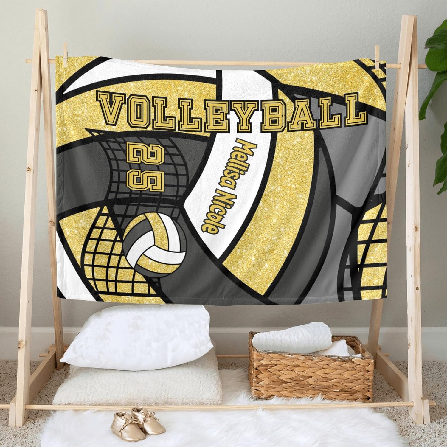 Personalized Baby Blanket - Glitter Yellow Volleyball Design 30x40