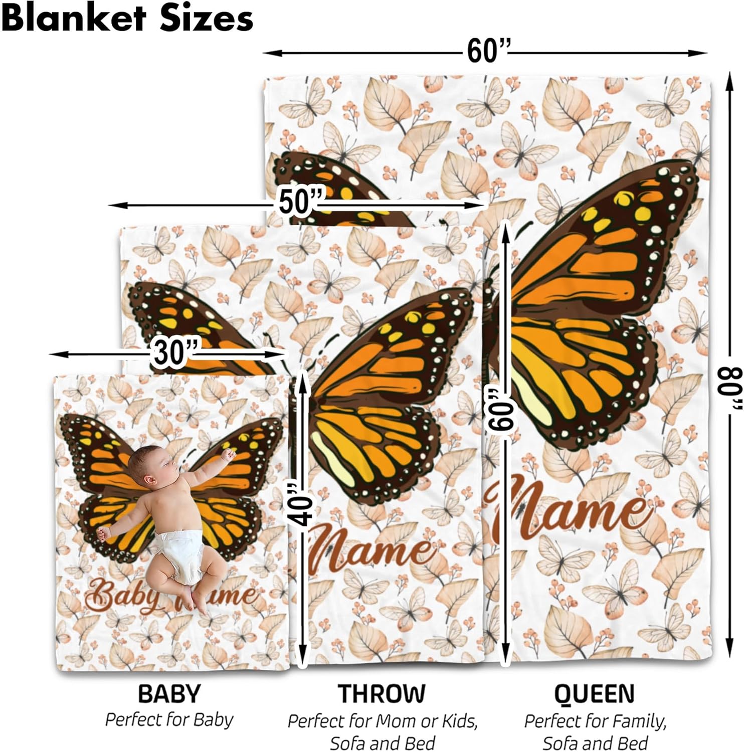 Personalized Monarch Butterfly Baby Blanket Cozy Fleece Throw for Newborns