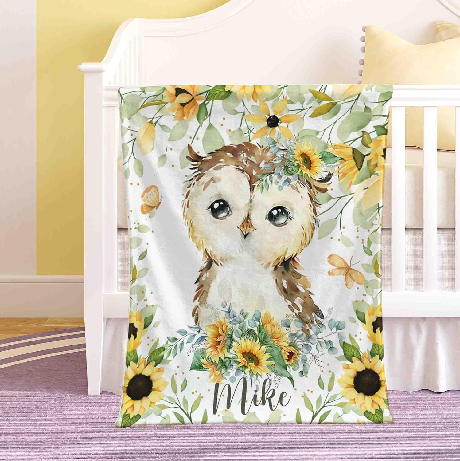 Customized Baby Owl Sunflower Blanket with Name