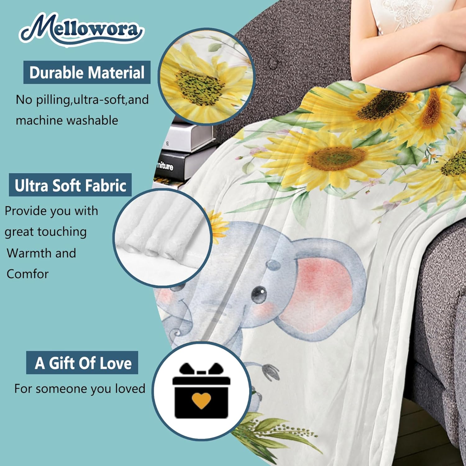Custom Sunflower Elephant Blanket for Kids Flannel Personalized Baby Throw with Name