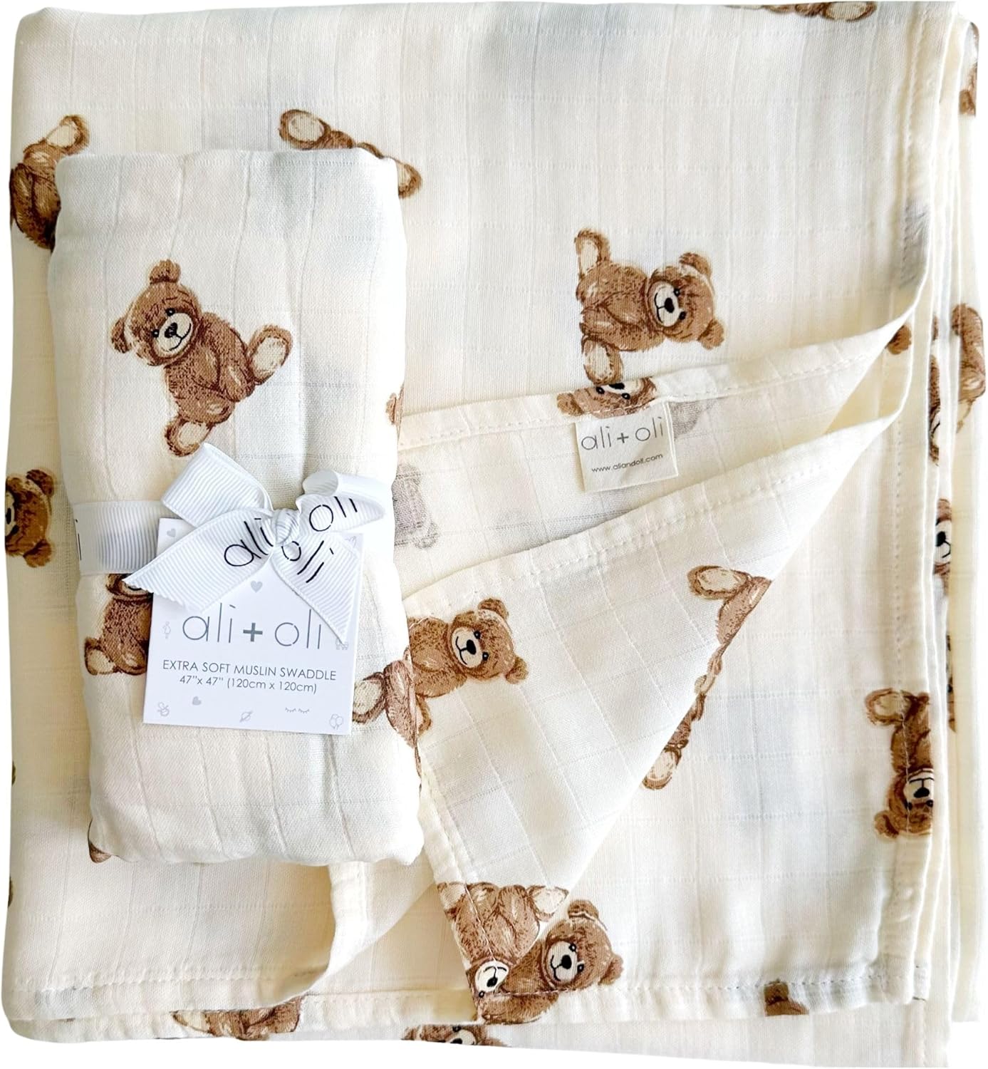 AliOli Muslin Swaddle Blanket Teddy Bear Large 47x47