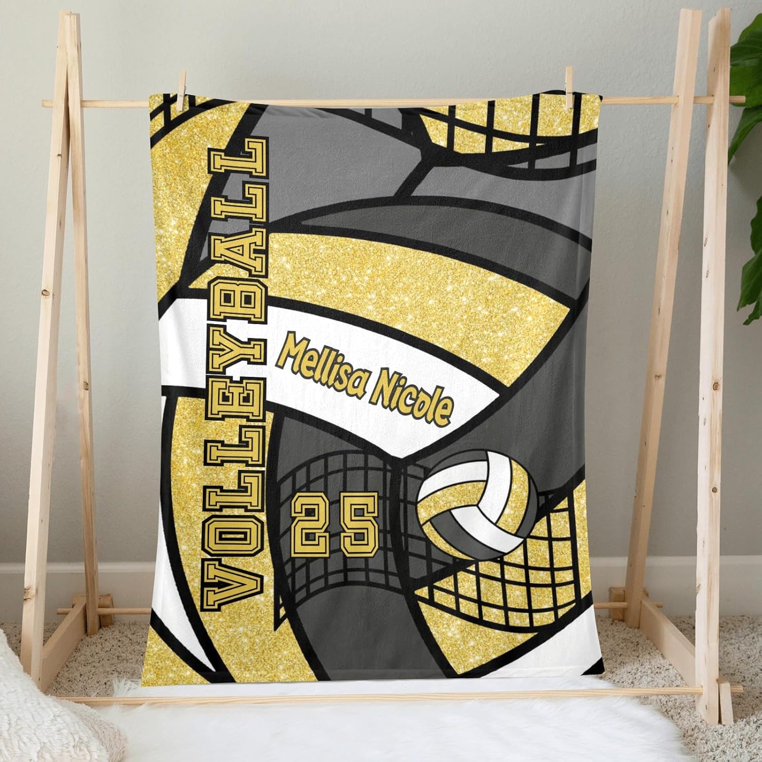 Personalized Baby Blanket - Glitter Yellow Volleyball Design 30x40