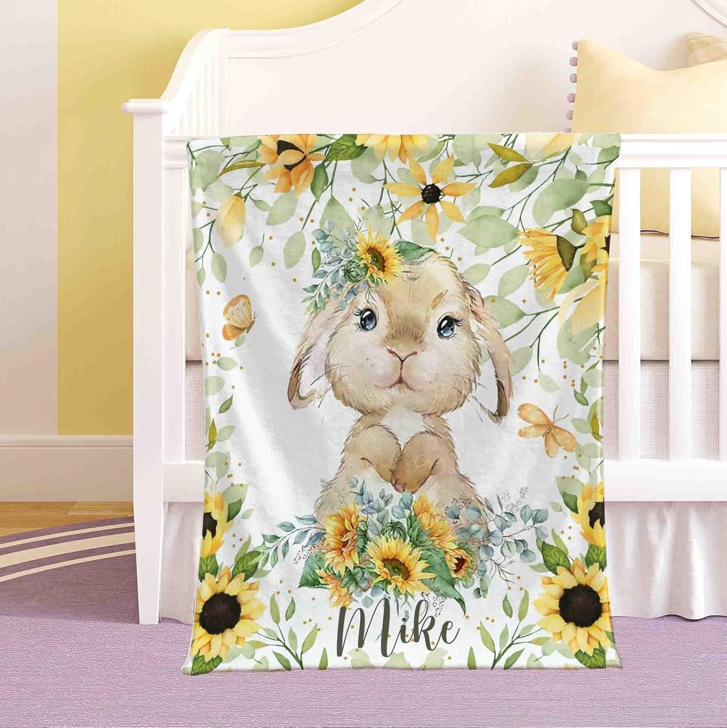 Customized Bunny Sunflower Baby Blanket with Name
