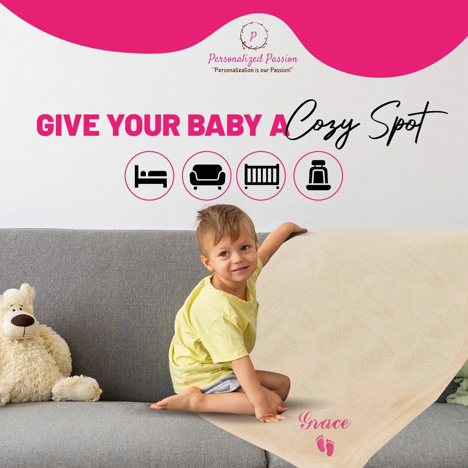 Personalized Passion Baby Blanket - Custom Name and Feet Design 28x40 Cream