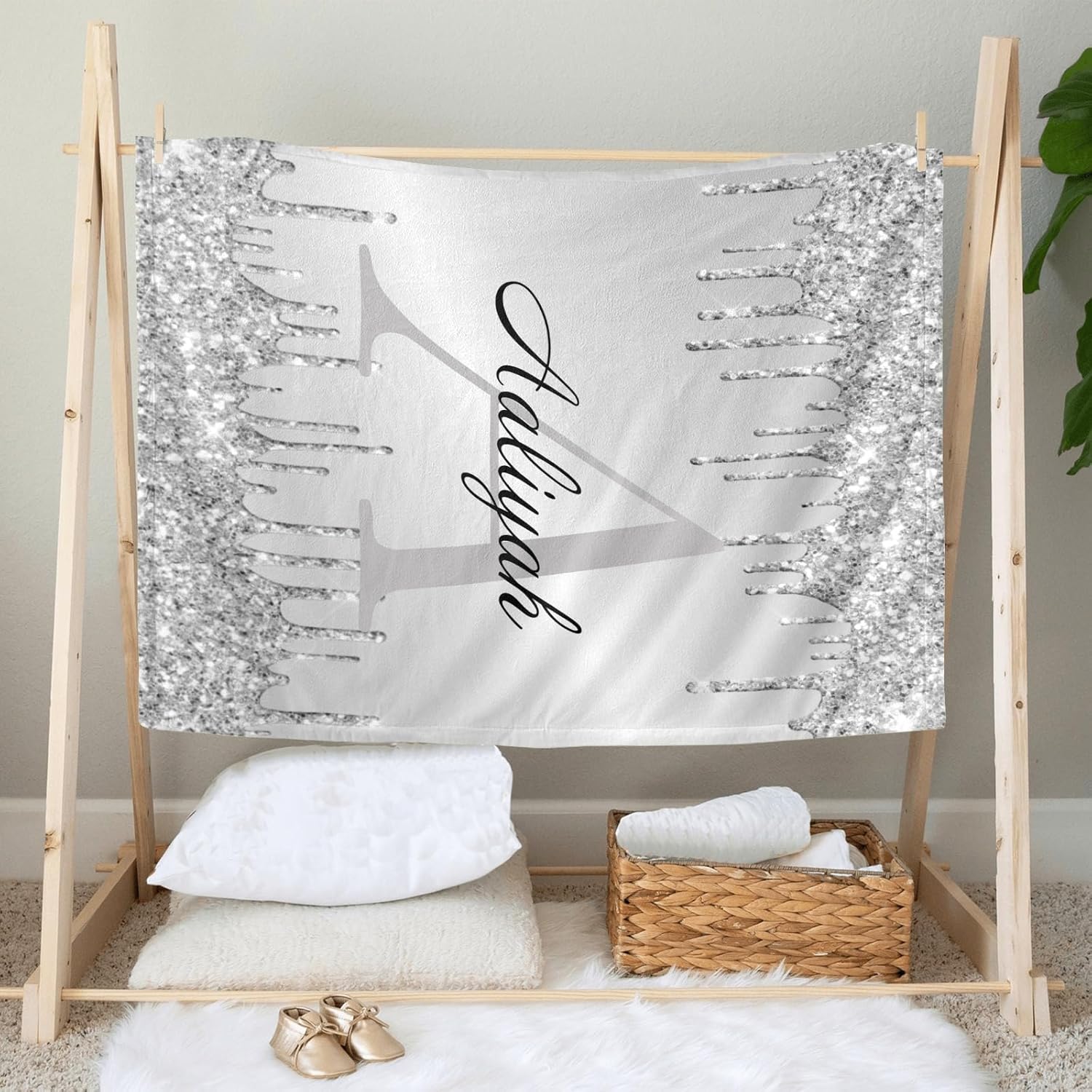 Personalized Baby Blanket with Monogram Silver Drip Glitter 1