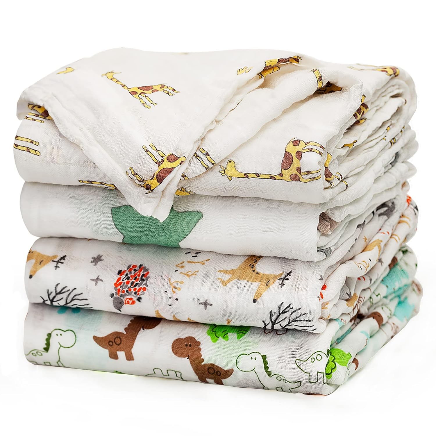upsimples Swaddle Blanket Set of 4 - Fox Elephant Giraffe Dinosaur