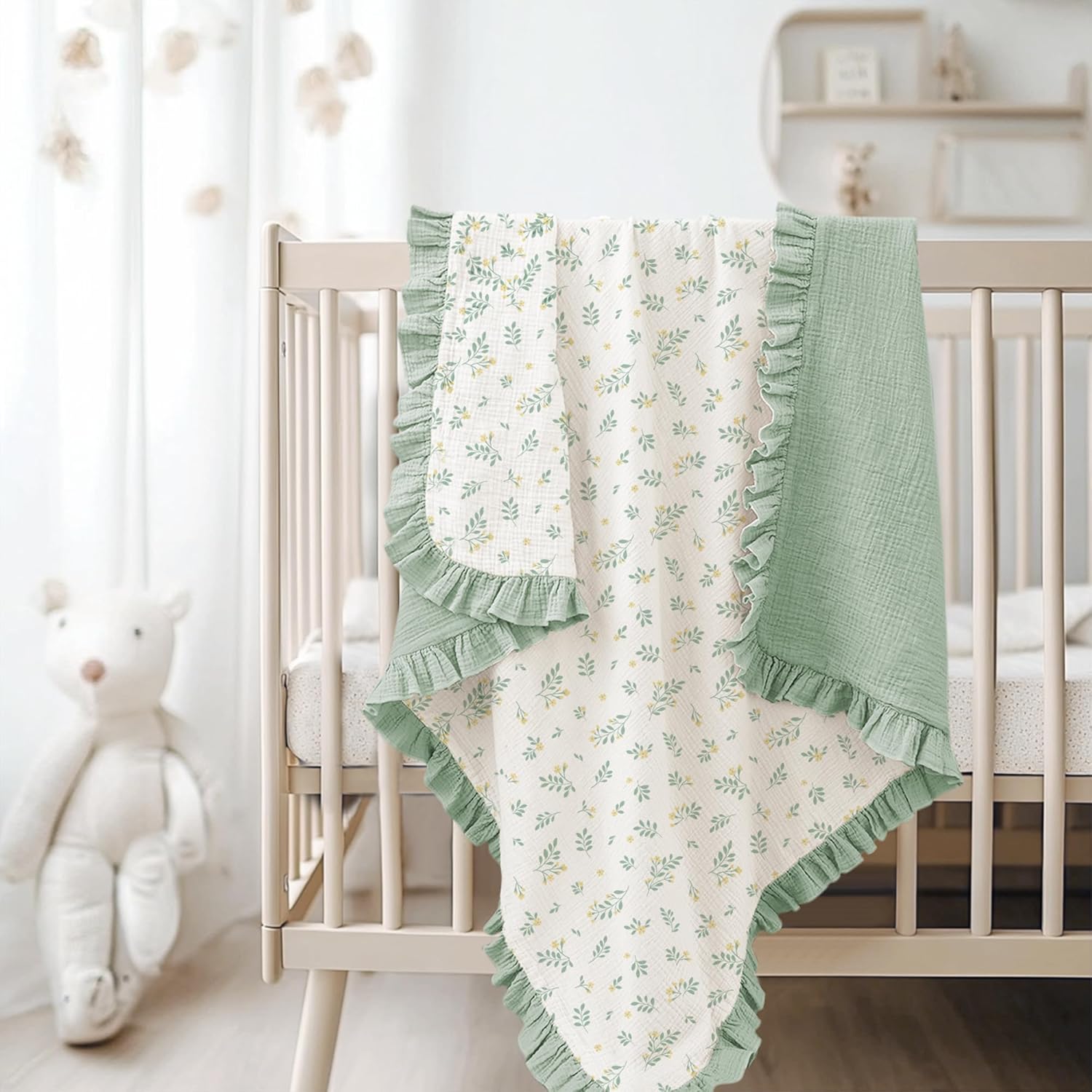 Konssy Flounce Muslin Baby Blanket 40x36 Leafy Design