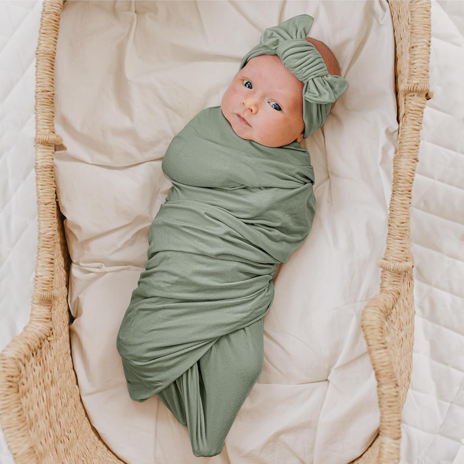 Konssy Baby Swaddle Blanket with Headband and Beanie Set