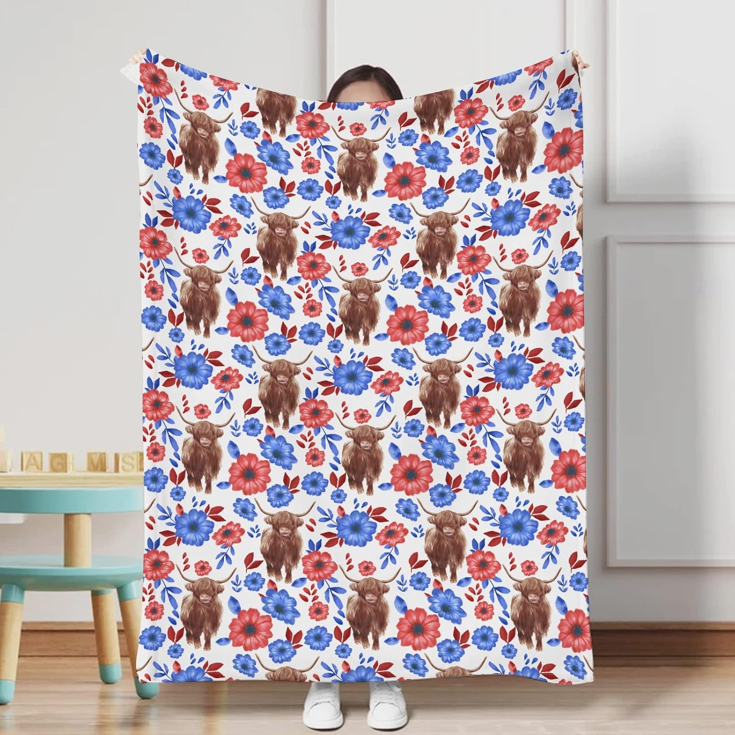 Boho Floral Baby Blanket with Yak Red and Blue Flowers