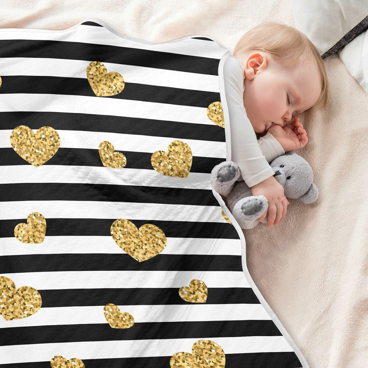 Pigsaly Black White Stripes Toddler Blanket 30x40in Gold Heart Glitter