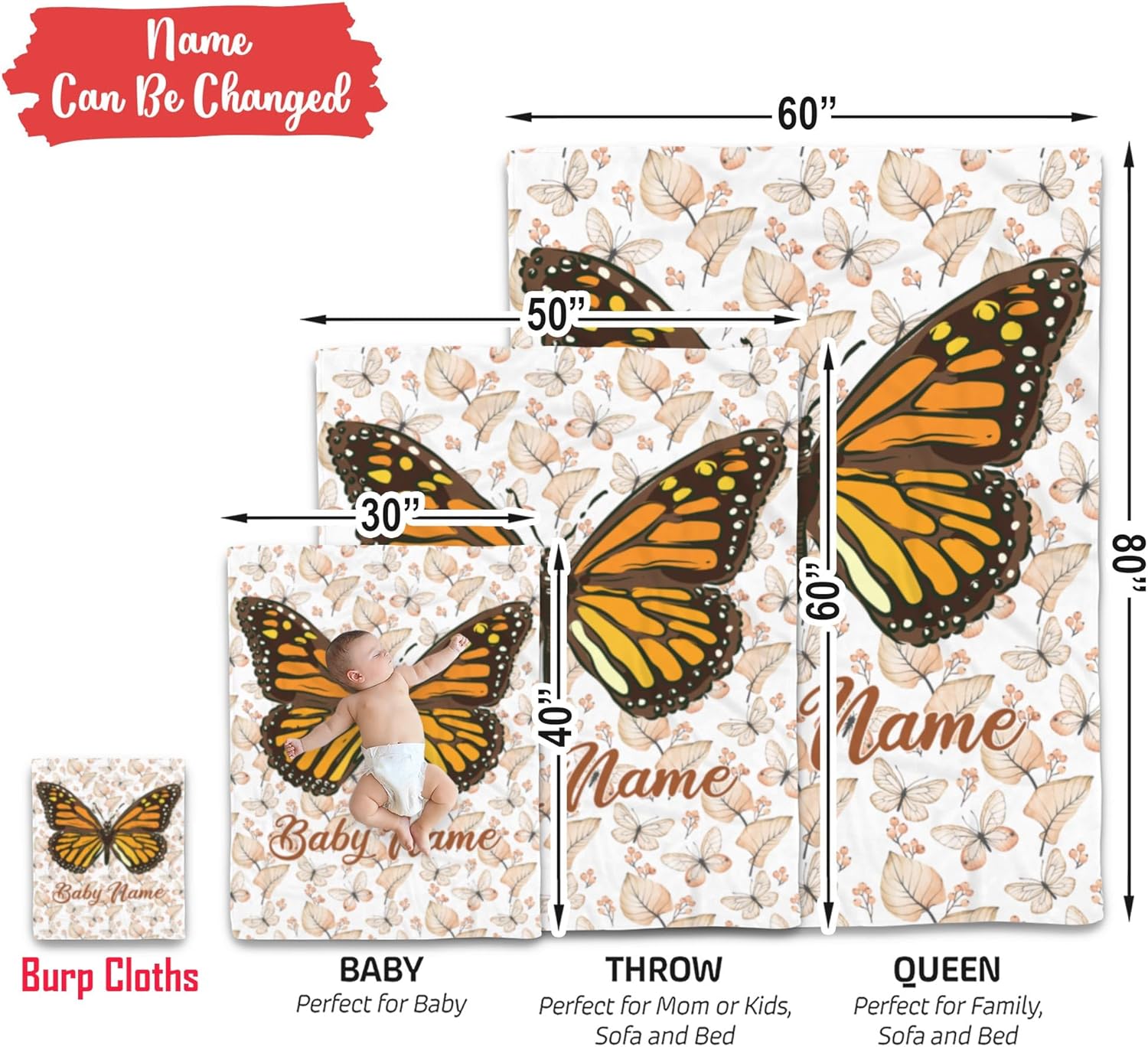 Personalized Monarch Butterfly Baby Blanket Cozy Fleece Throw for Newborns