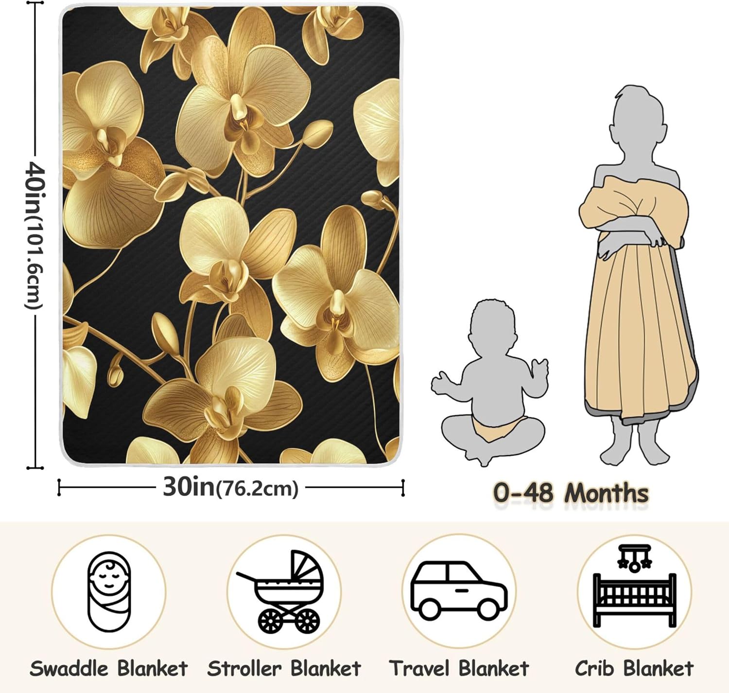 Burbuja Golden Orchid Flowers Baby Blanket 30x40