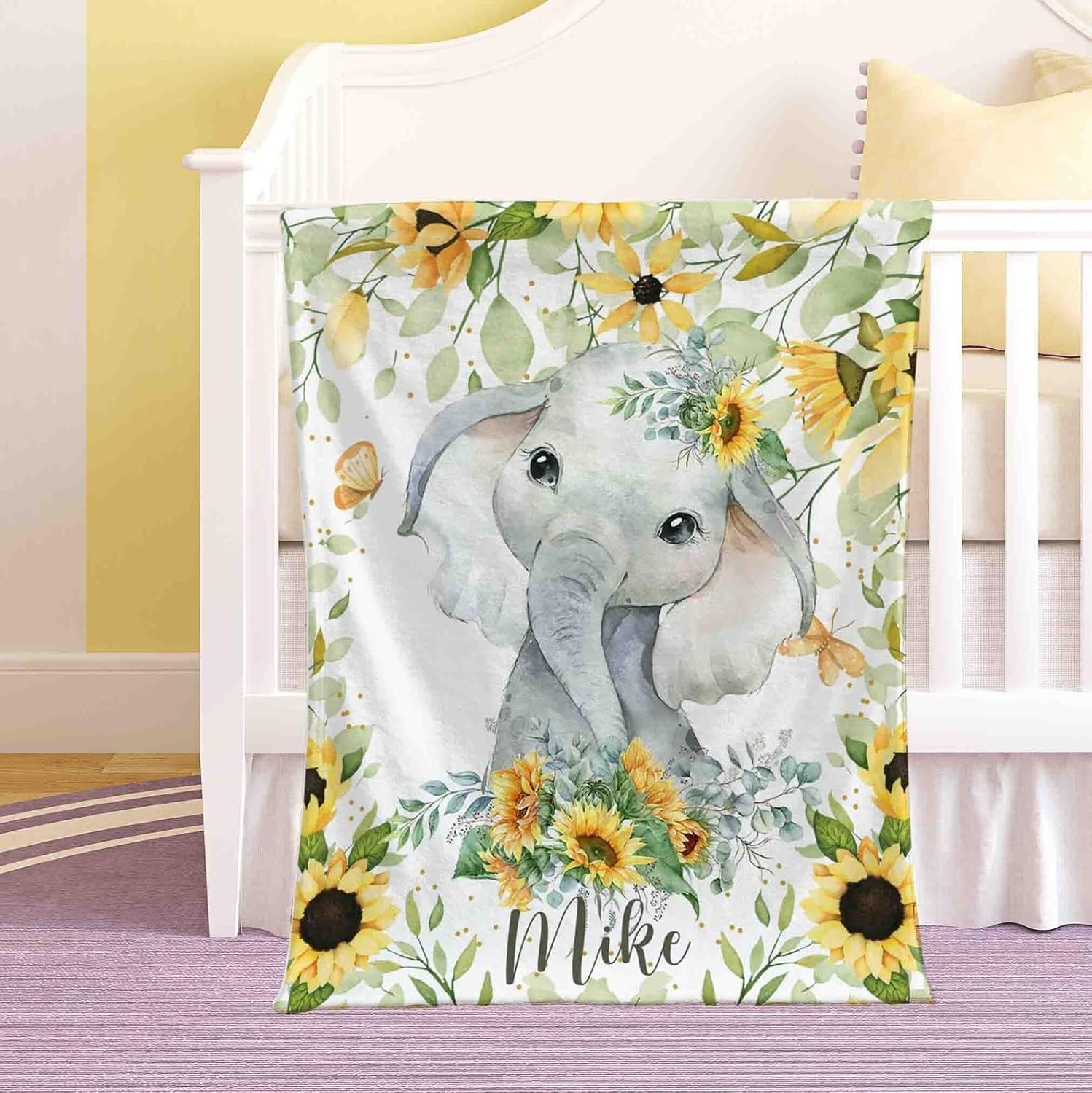 Personalized Sunflower Elephant Baby Blanket