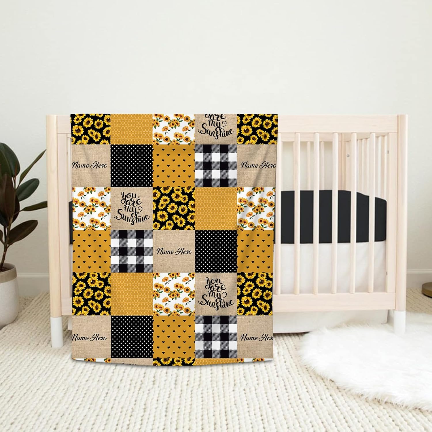 Personalized Sunflower Baby Blanket with Name - Soft Minky
