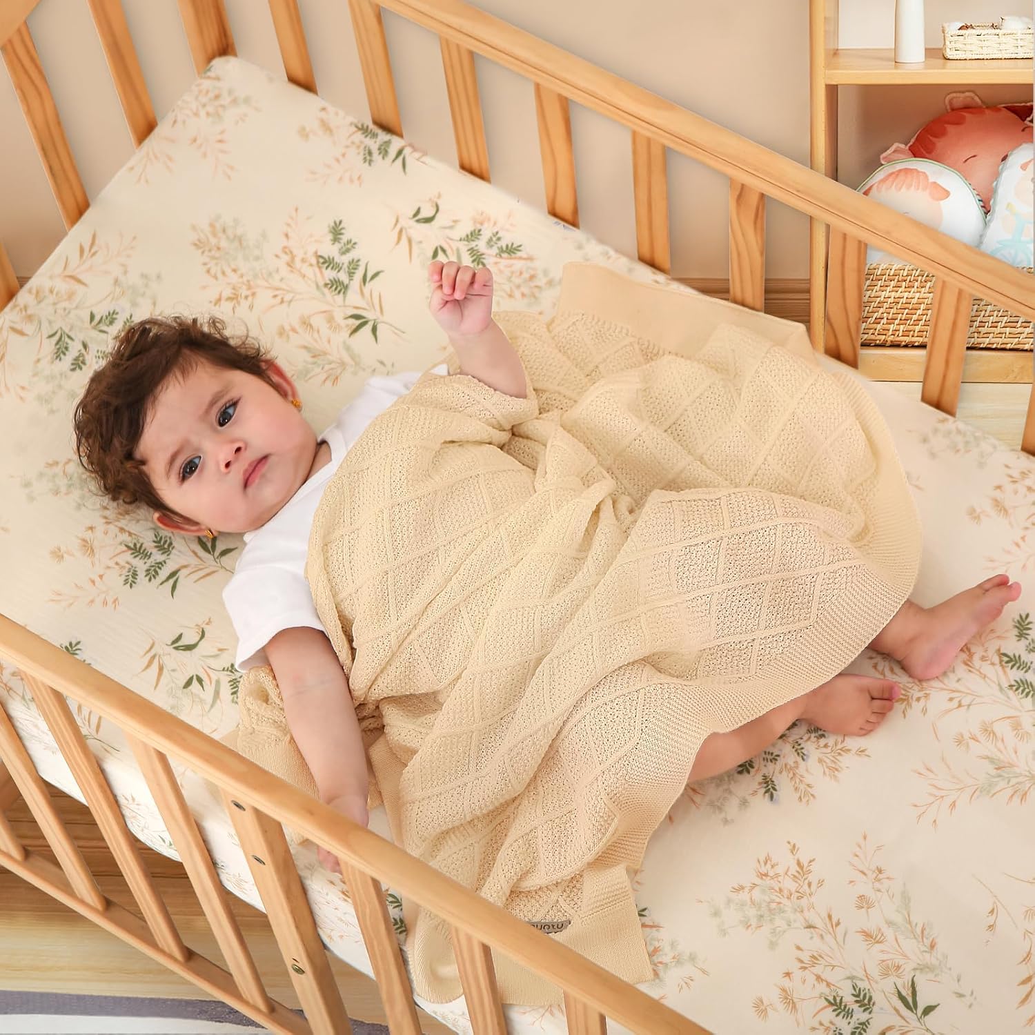 Pinuotu Knitted Cotton Baby Blanket 31x40 Inch Neutral Swaddle for Newborns