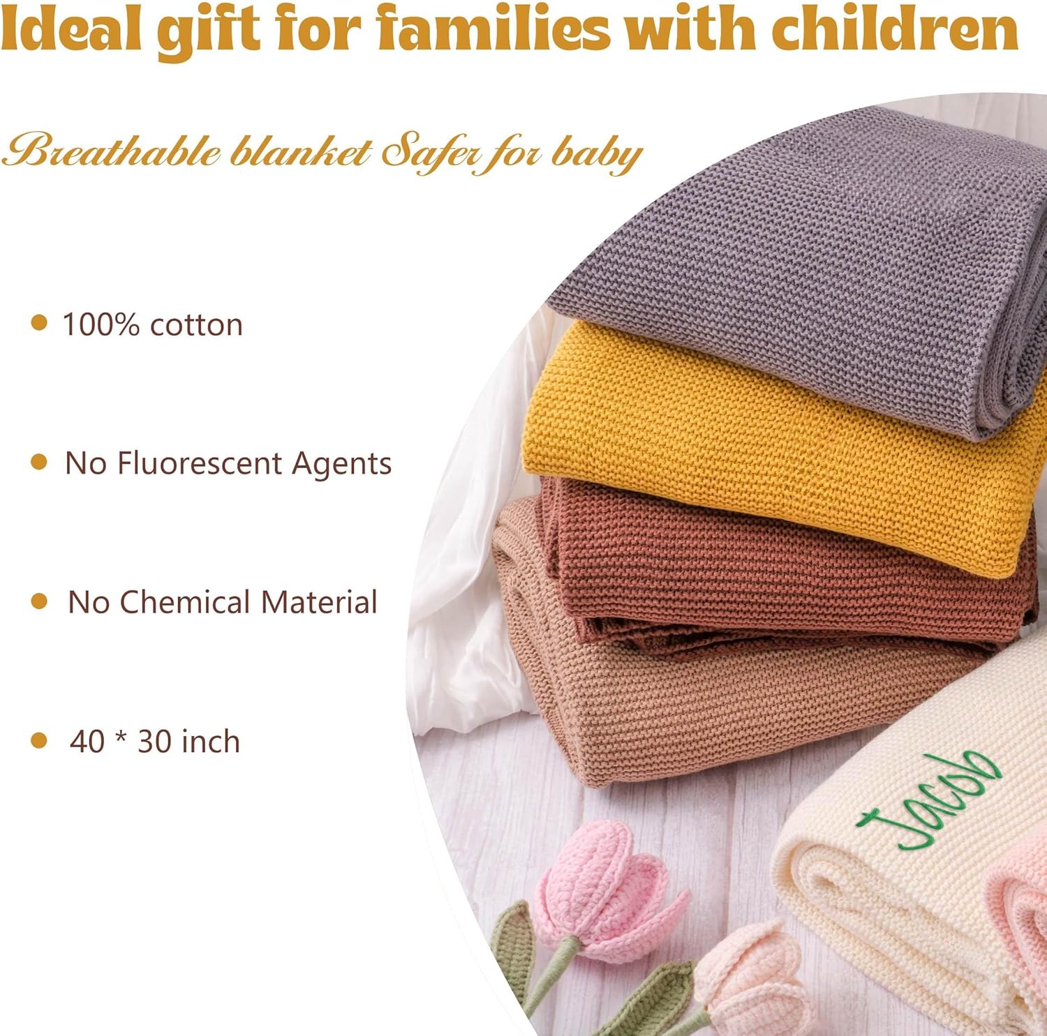 Personalized Knit Baby Name Blanket - Custom Embroidered Camel
