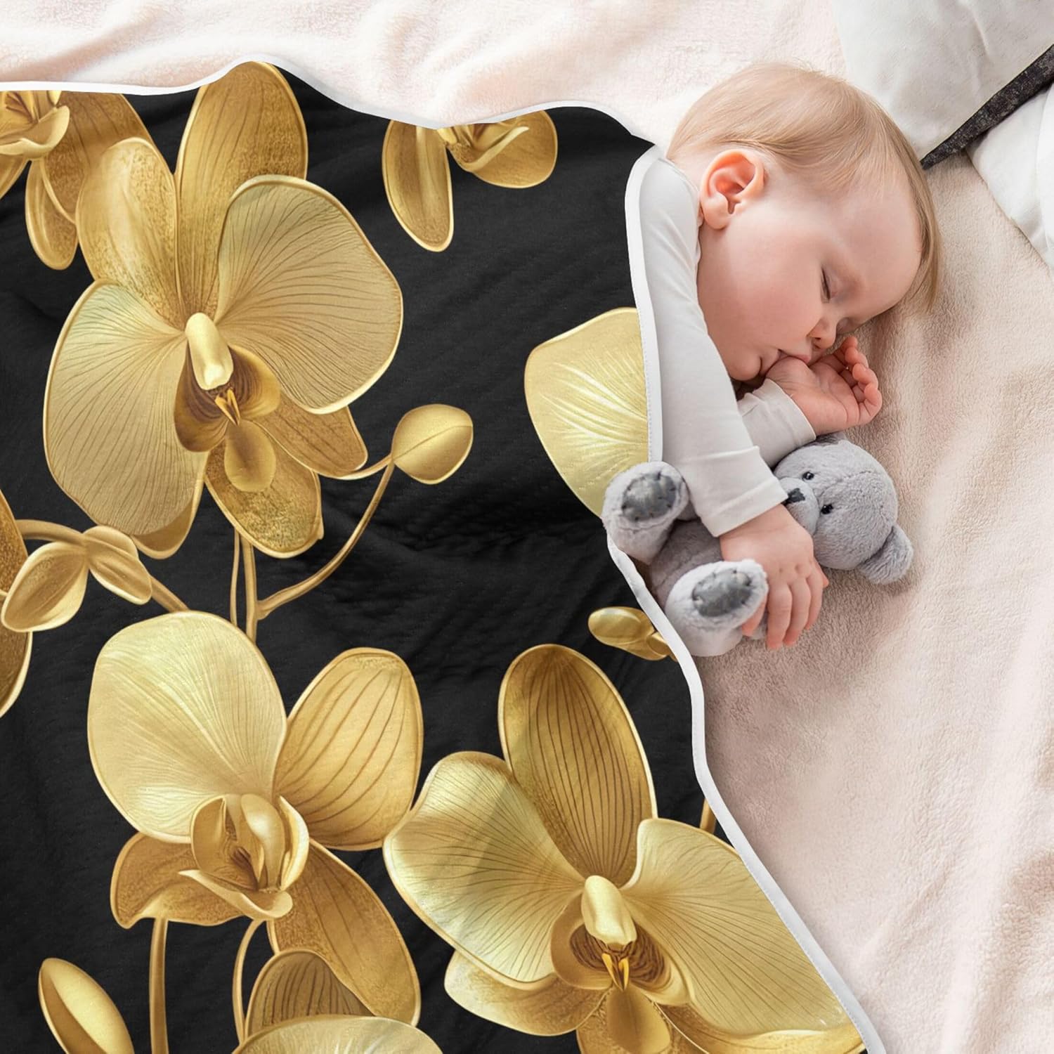 Burbuja Golden Orchid Flowers Baby Blanket 30x40