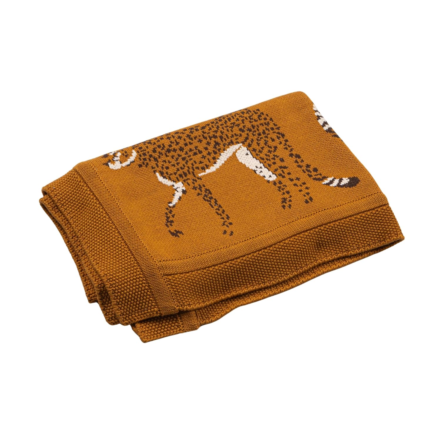 Creative Co-Op Soft Cotton Knit Baby Blanket with Cheetahs Mustard 1