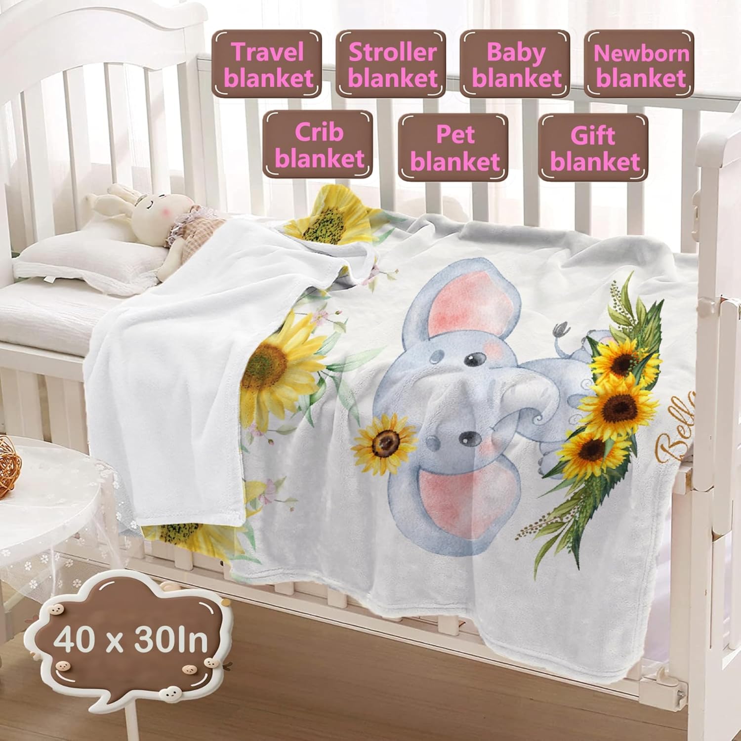 Custom Sunflower Elephant Blanket for Kids Flannel Personalized Baby Throw with Name