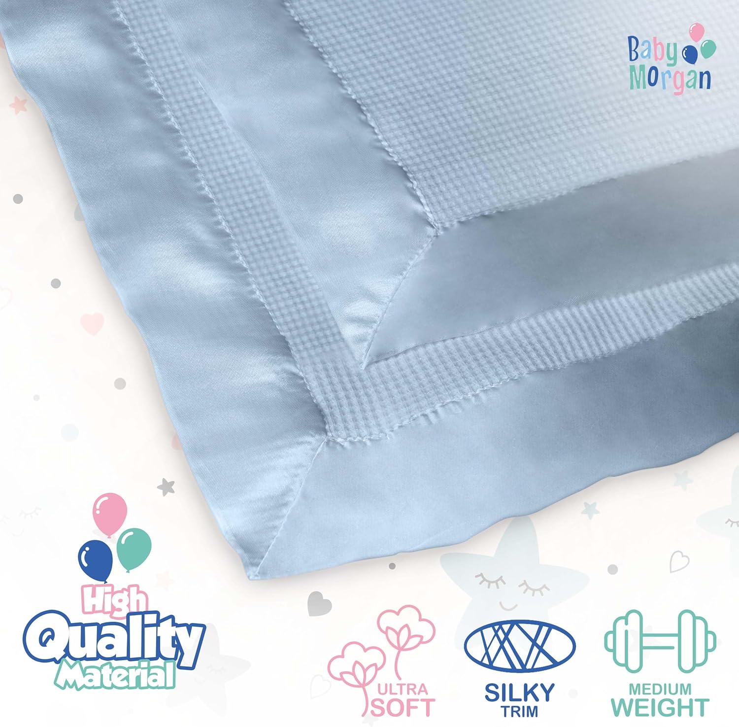 Premium Thermal Waffle Baby Blanket - Blue Satin Trim 18 x 20