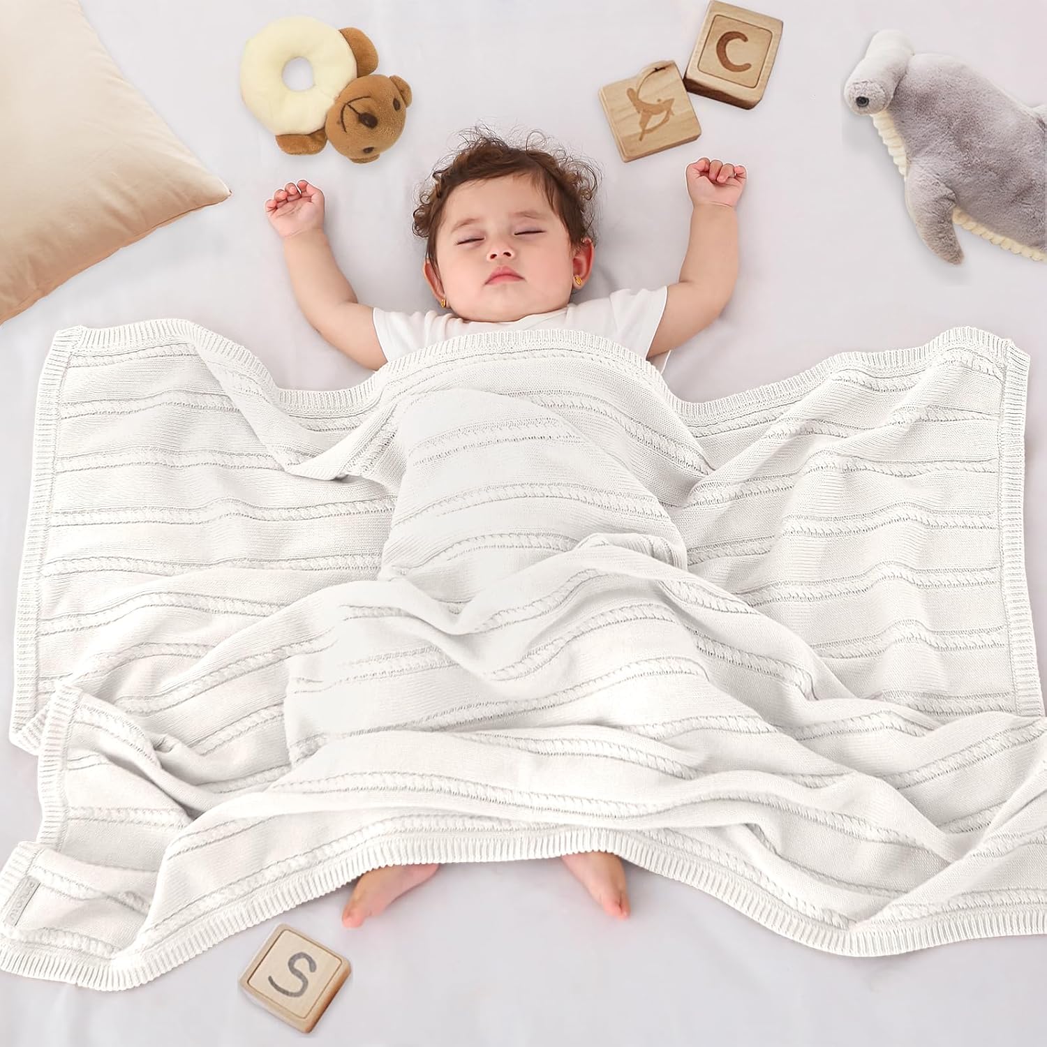 Baby Blanket Cable Knit Cotton Swaddle Neutral White Beige