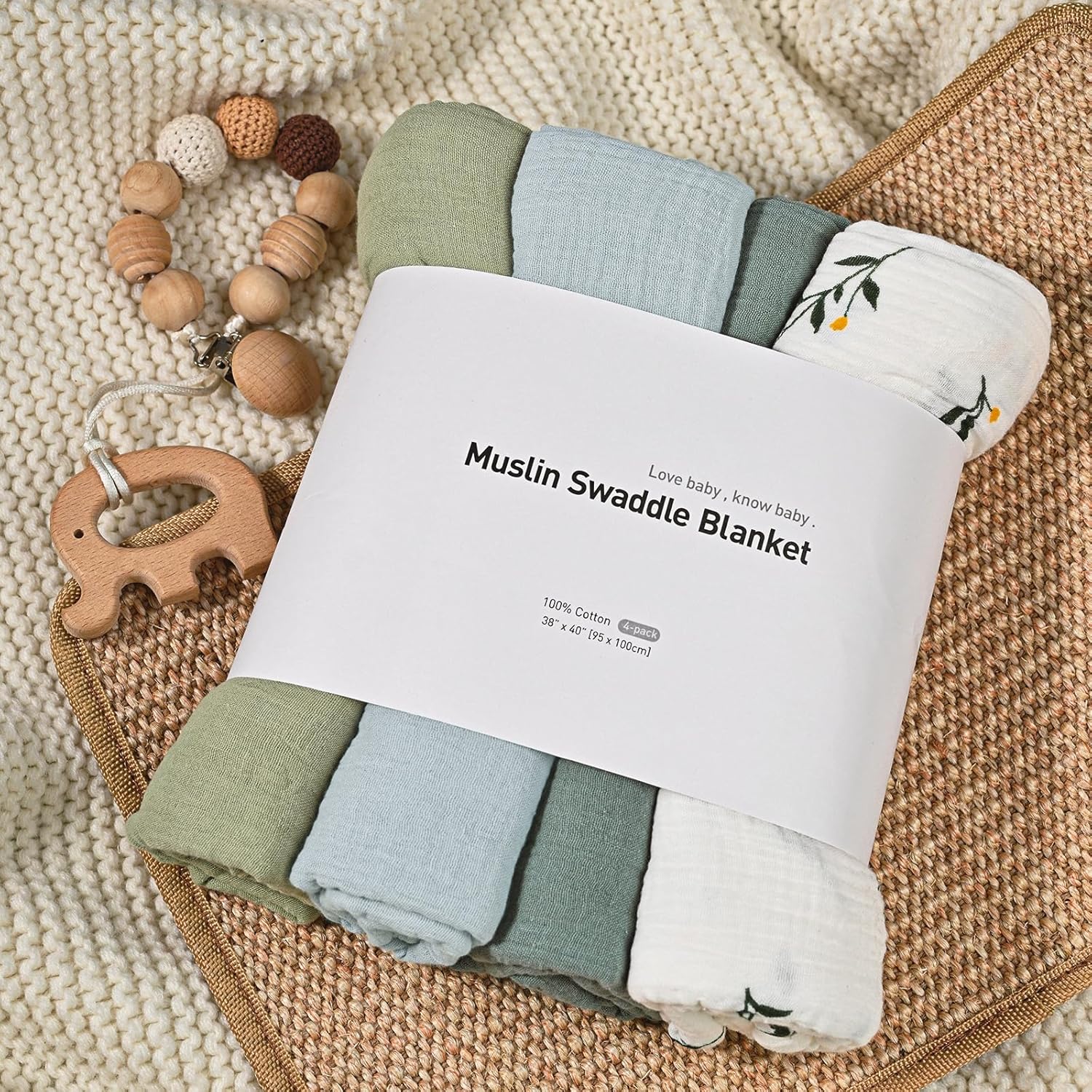 GLLQUEN BABY 4-Pack Muslin Swaddle Blankets for Newborns