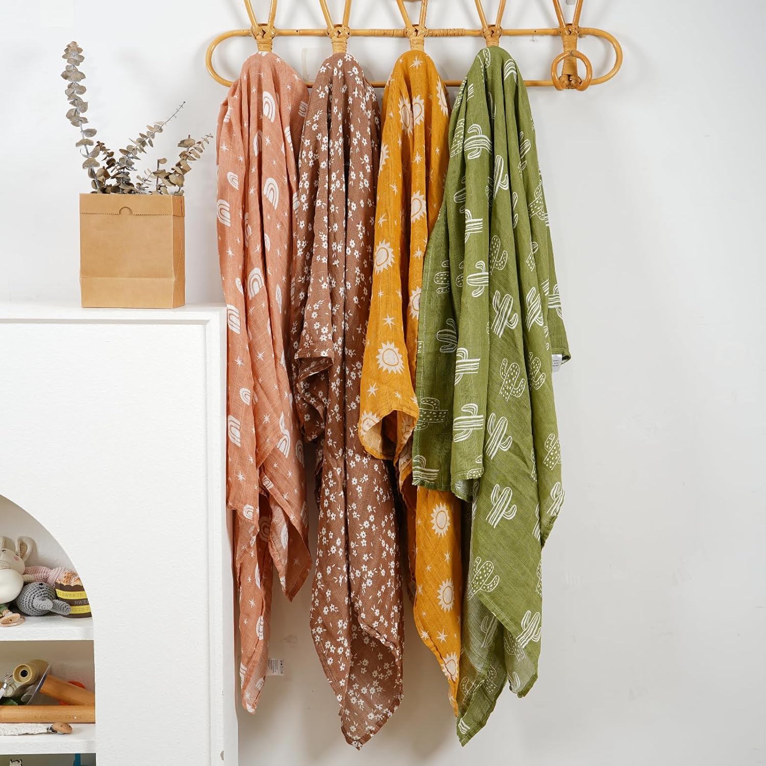 4 Set Muslin Swaddle Blankets with Cactus Print for Newborn
