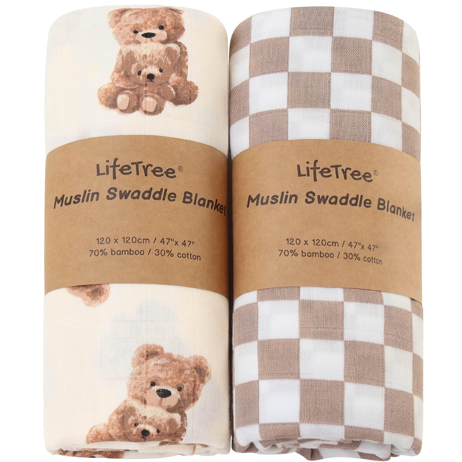 LifeTree Muslin Swaddle Blanket Bear Checkered Design 47x47 Inches