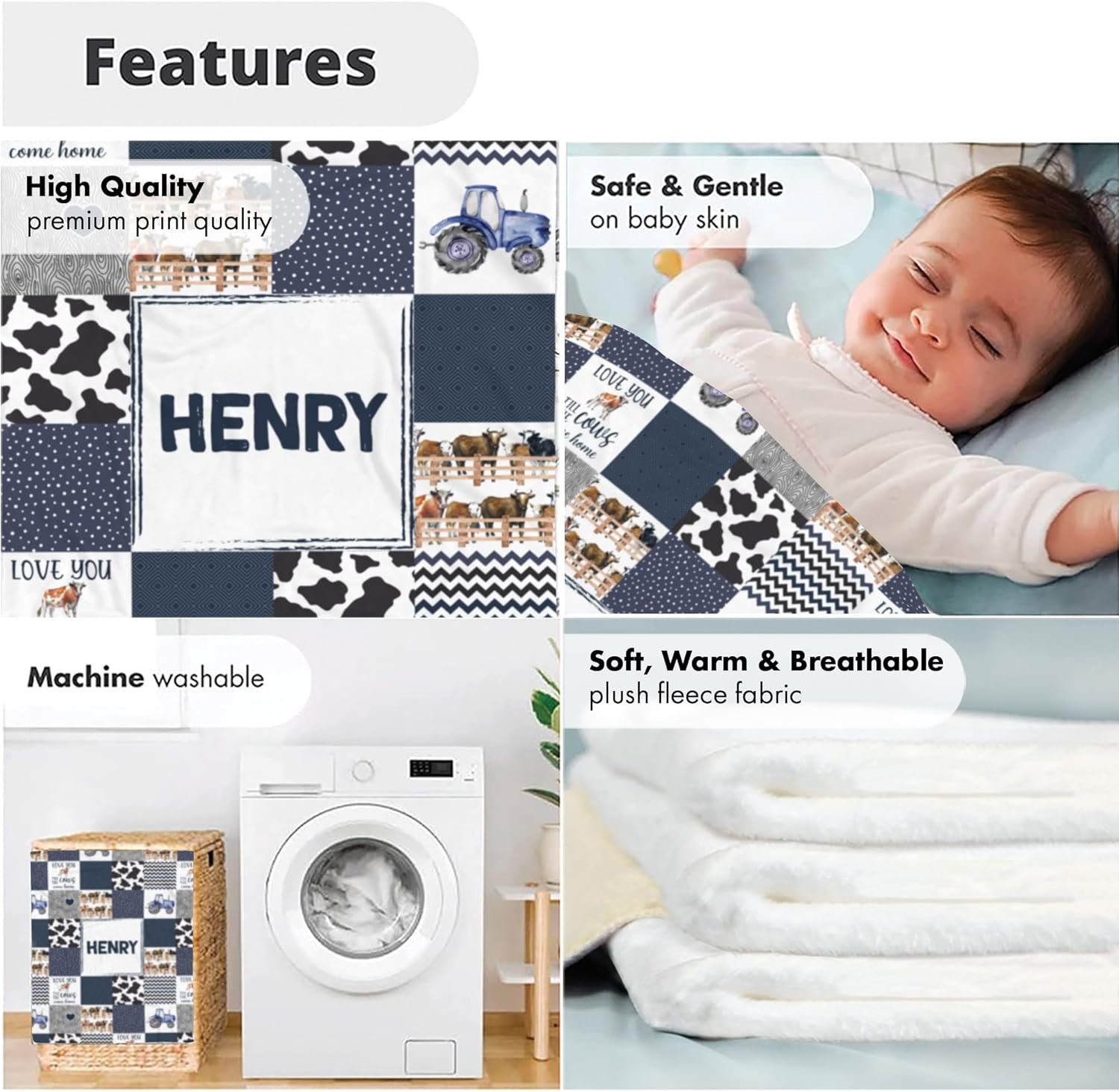 Personalized Cow Print Baby Blanket with Name