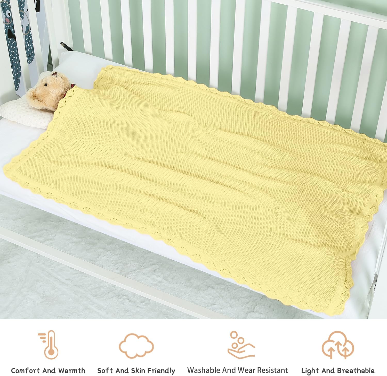 100 Cotton Baby Blanket Knit Soft Warm Lemon Yellow 30x40 Inches