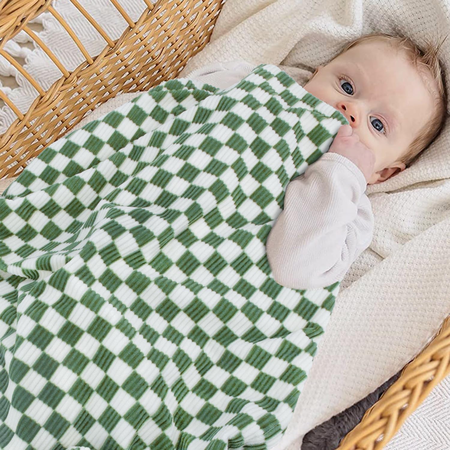BEILIMU 3D Checkerboard Toddler Blanket Sage Green 30x40 Inches