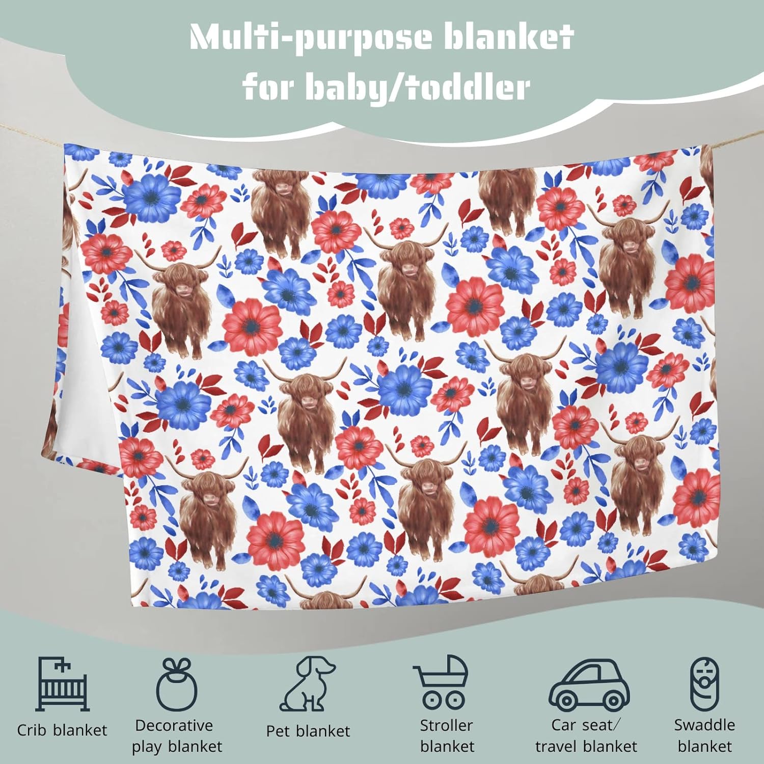 Boho Floral Baby Blanket with Yak Red and Blue Flowers