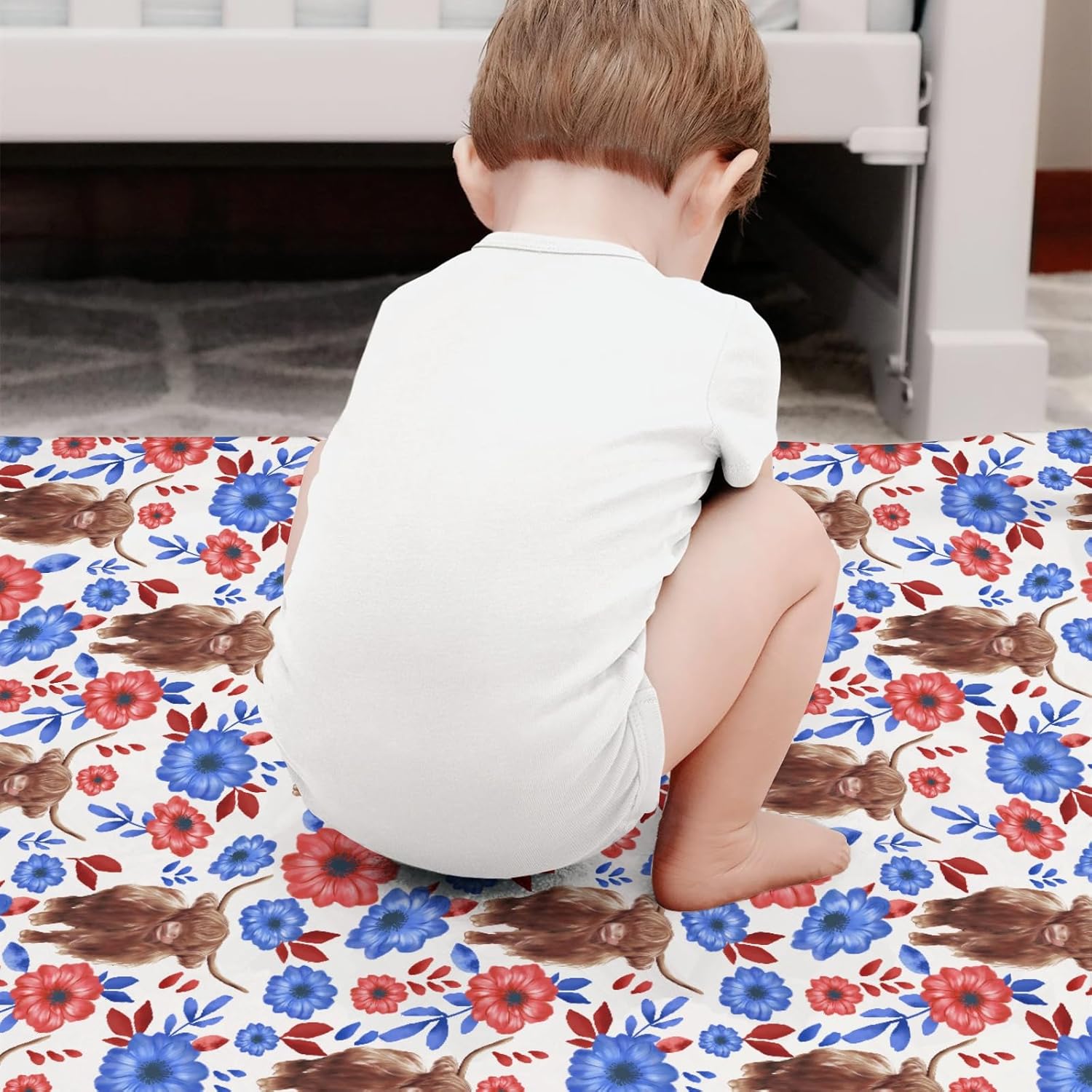 Boho Floral Baby Blanket with Yak Red and Blue Flowers