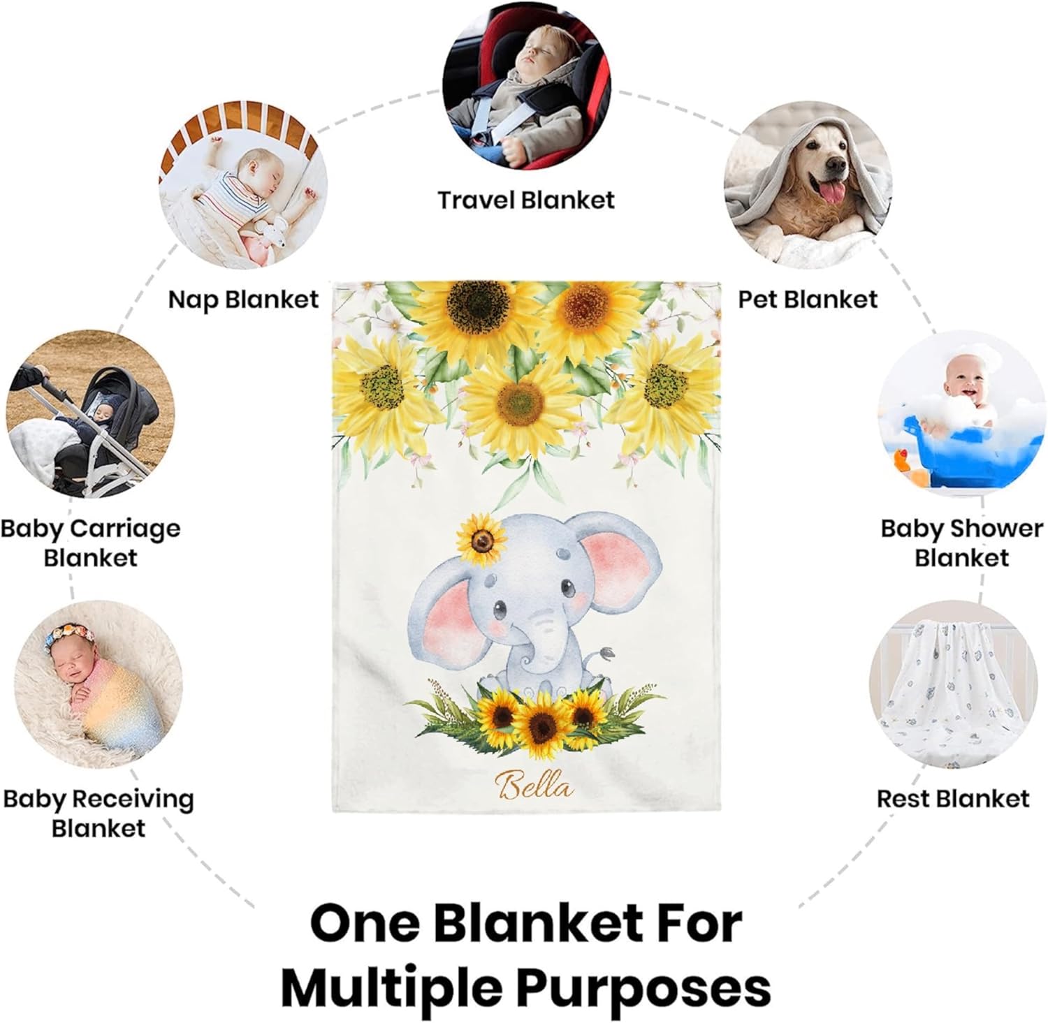 Custom Sunflower Elephant Blanket for Kids Flannel Personalized Baby Throw with Name