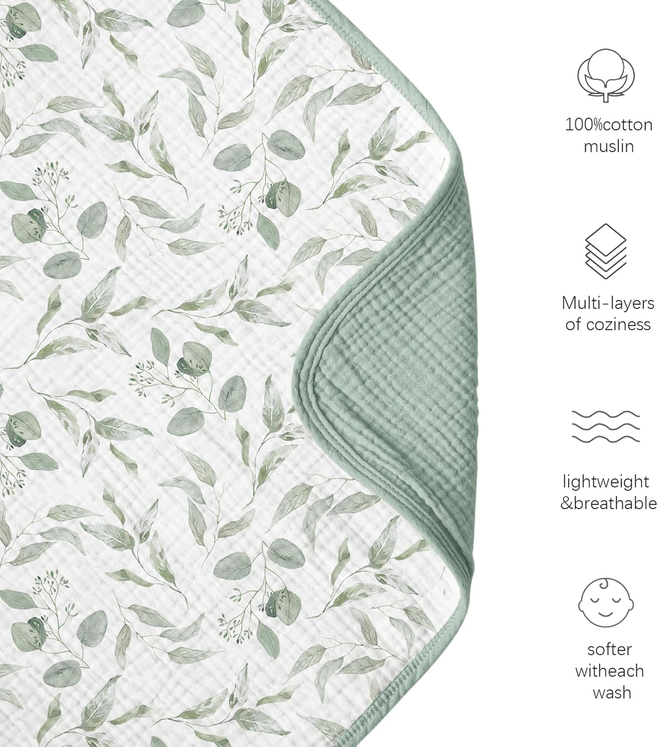 Konssy Muslin Blanket 40x36 Green Leaves
